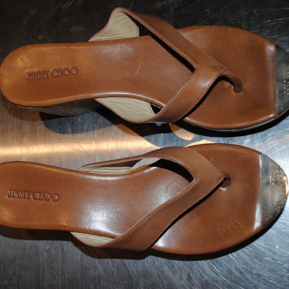 JIMMY CHOO WOMENS SZ 9 1/2 BROWN PLATFORM CORK SANDLE WEDGES - Picture 9 of 11